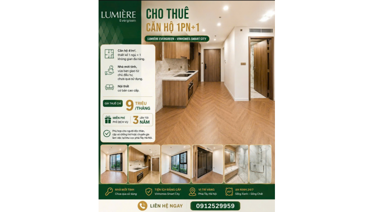  CHO THUÊ 1PN+1 LUMIÈRE EVERGREEN – GIÁ CHỈ 9 TRIỆU 